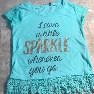 Teal and gold short sleeve shirt with lace